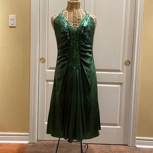 Emerald green silk dress plus matching bra and earrings